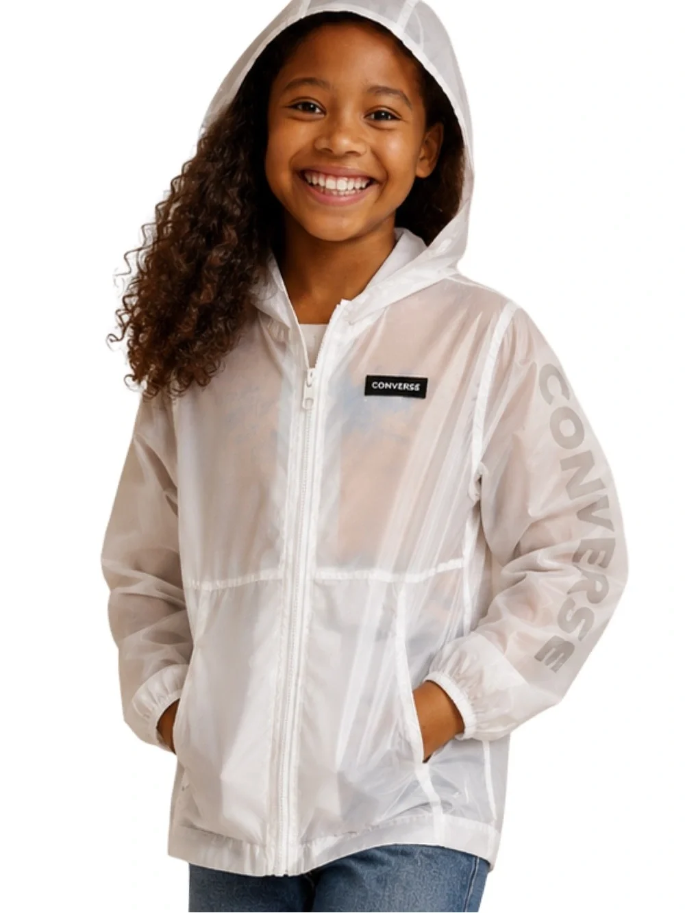 Converse Sheer White Hooded Windbreaker Jacket Youth Medium 10 NWT Rare